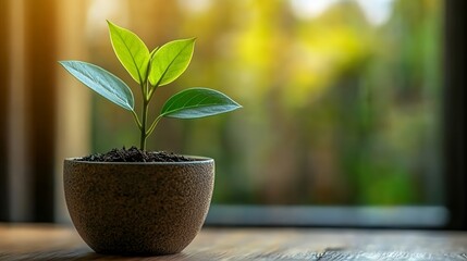 New Plant Sprouting in a Clay Pot on a Wooden Surface Near a Window With Sunlight Filtering Through Greenery