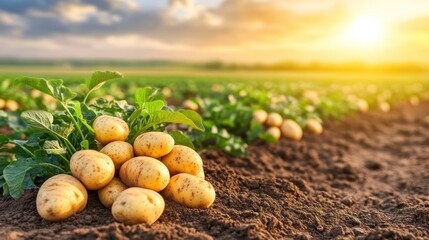 Harvesting Fresh Potatoes in Field at Sunset Agriculture and Farming