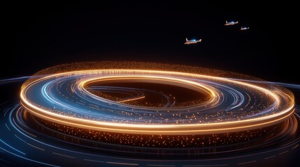 Futuristic Flight Concept with Jets Flying Around a Glowing Track