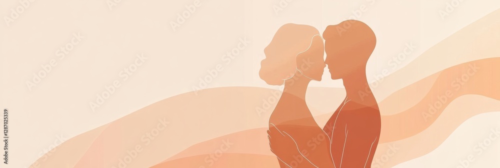 Poster minimalist illustration of two people embracing in a gentle moment of connection and warmth at sunse