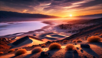 Sunset illuminating badwater basin salt flat, death valley national park, california