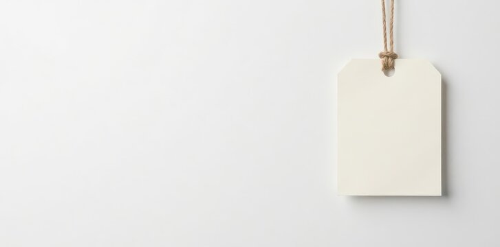 Isolated white background with a blank paper tag attached to a string on isolated surface, clipping path, packaging material, string