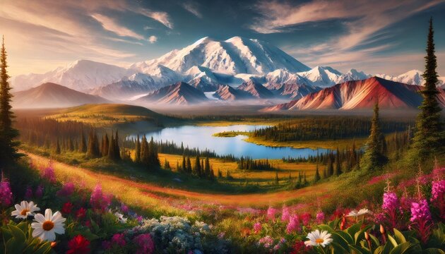 Majestic denali mountain dominating the alaskan landscape at sunset