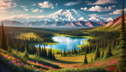 Wonder lake reflecting denali at sunset in summer, mount mckinley, alaska, united states