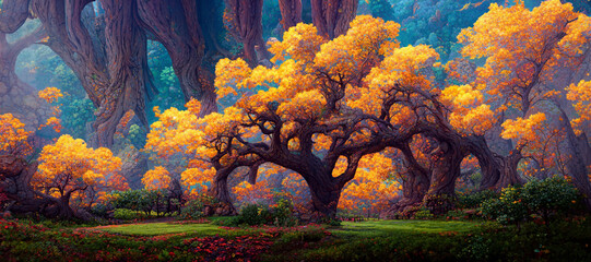 Naklejka premium Mythical Autumn season fantasy forest of ancient old trees and rustic orange leaves, captivating artistic nature aesthetic style with gorgeous fall colors