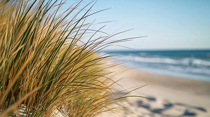 Scenic beach landscape with golden dune grass swaying in the breeze, blurred ocean waves in the background, tranquil seaside nature scene, coastal serenity