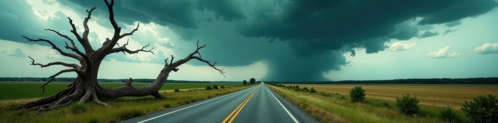 Powerful tornado sweeps across a desolate rural road with twisted tree trunks and uprooted vegetation , storm, outdoors, wind