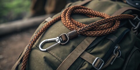 Close-up of hiking backpack with a braided rope and metal carabiner in an outdoor setting.