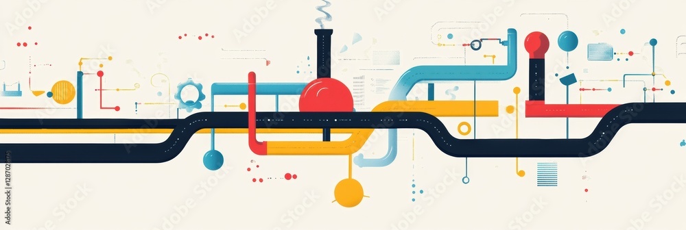 Poster infographic illustrating gas pipeline flow and connections in a minimalist style for energy transpor