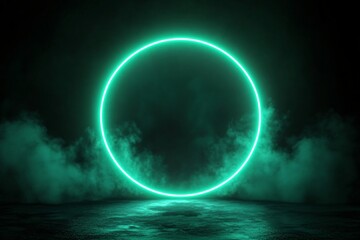 Glowing neon circle reflecting on water surface with foggy clouds at night. Futuristic portal ring with green light in dark mystical atmosphere. Abstract digital art concept