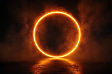 Ring of fire solar eclipse reflection on ocean surface at night. Natural phenomenon with glowing orange circle in dark cloudy sky. Astronomical event background