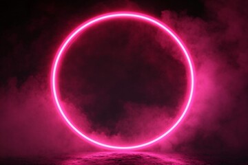 Glowing neon pink circle ring with smoke on dark background. Modern minimal abstract design. Futuristic portal concept for party posters, gaming visuals and tech art