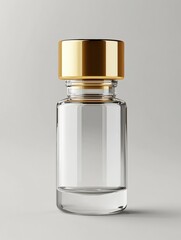 Clear glass bottle with gold cap resting on a plain surface in soft lighting. Generative AI