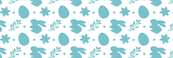 Fototapeta premium Blue pattern with silhouettes of flowers, bunnies and easter eggs on white background. Vector seamless delicate pattern. Easter holiday decor for website, packaging, greeting card design.