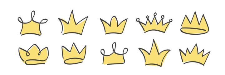 Set of Princess or King Crown. Hand drawn royal symbols of power and authority elements. Sketch Vector illustration on white background