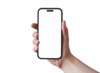Hand holding smartphone mockup as png photo with blank screen isolated on white background. mobile phone hand mockup
