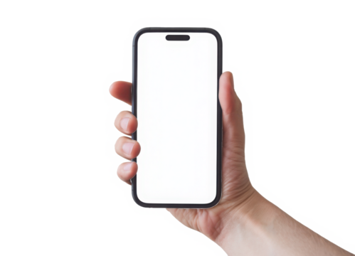 Hand holding smartphone mockup as png photo with blank screen isolated on white background. mobile phone hand mockup
