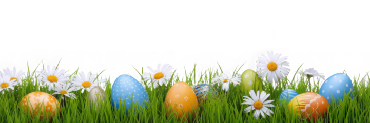 A collection of painted easter eggs celebrating a Happy Easter lying in green meadow grass against an isolated transparent background.
