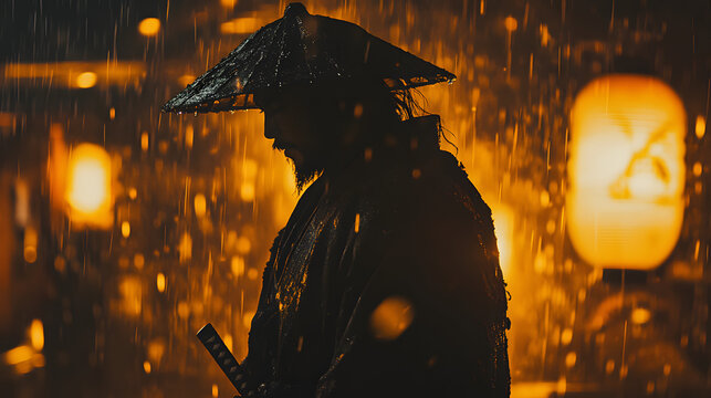 A shadowy samurai standing in the rain his armor glistening under the dim lantern light.