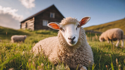 Naklejka premium Close-up of a sheep resting in a green pasture with a rustic farmhouse in the background, rural farming landscape, livestock and agriculture, peaceful countryside setting