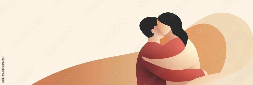 Poster minimalist illustration depicting two people embracing in a warm, serene environment during a tranqu