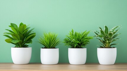 Obraz premium A striking display of various indoor plants set against a solid green wall, offering a bold visual statement that enhances a space's character and promotes relaxation.