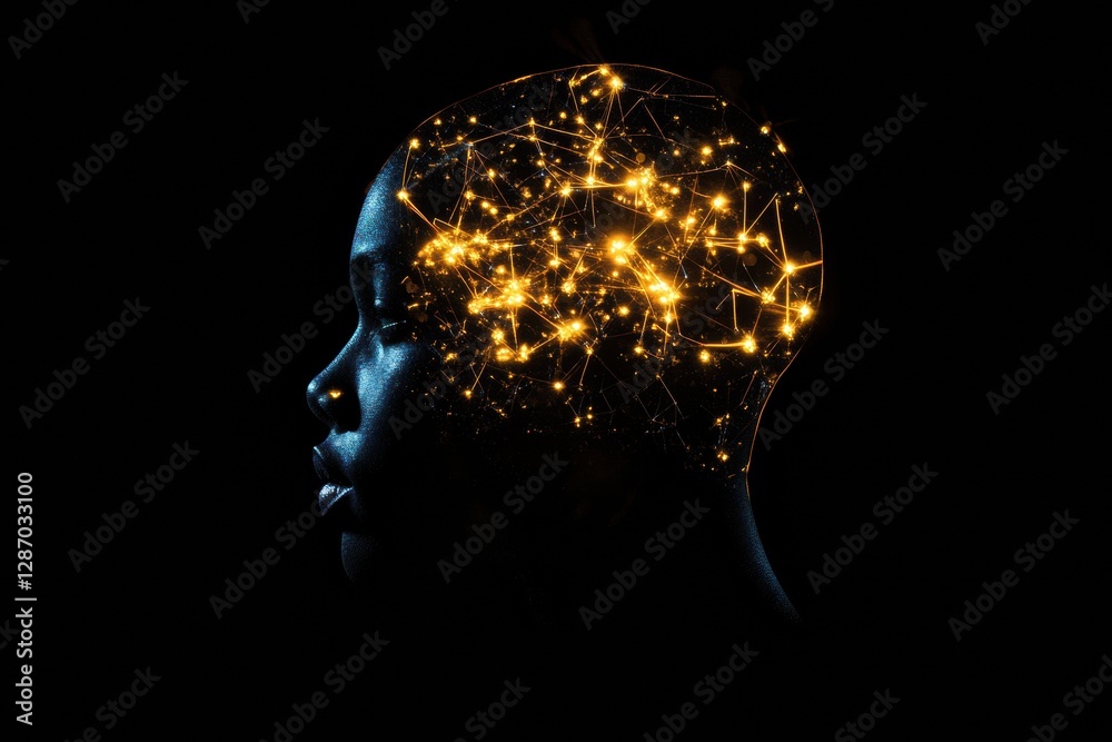 Poster complex neural connections illuminated in profile view symbolizing artificial intelligence and cyber