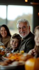 Thanksgiving's Joyful Gathering: A warm and inviting photograph captures a multi-generational family sharing a festive meal, radiating happiness, love, and connection. 