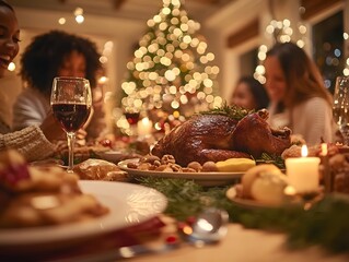 Festive Feast: A family gathered around a holiday table, savoring a delicious turkey and celebrating the season with laughter and joy.