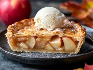 Apple Pie Delight: A delicious slice of apple pie, topped with a scoop of creamy ice cream, presented on a dark plate, capturing the essence of a comforting dessert