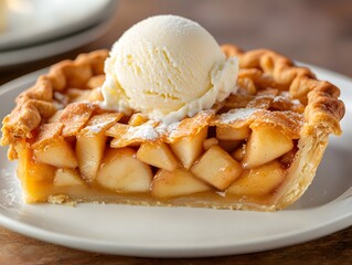 Delectable Slice of Apple Pie: A mouthwatering slice of apple pie is garnished with a generous scoop of vanilla ice cream, presented on a white plate, perfect dessert indulgence. 