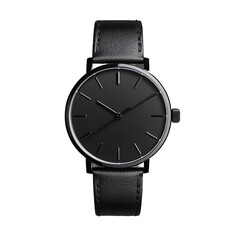 Sleek and minimalist black watch with leather strap on transparent background