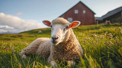 Obraz premium Close-up of a sheep resting in a green pasture with a rustic farmhouse in the background, rural farming landscape, livestock and agriculture, peaceful countryside setting