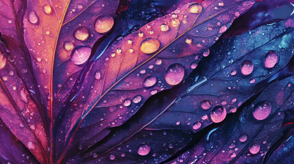 Fototapeta premium Vibrant macro view of water droplets on colorful leaves for nature design