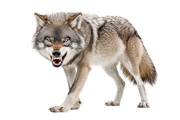 Fototapeta premium Aggressive wolf isolated on transparent background displaying teeth and intense expression. Detailed fur and vibrant eye color. Frontal perspective showing the animal's predatory nature