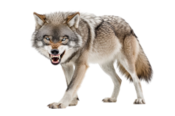 Aggressive wolf isolated on transparent background displaying teeth and intense expression. Detailed fur and vibrant eye color. Frontal perspective showing the animal's predatory nature