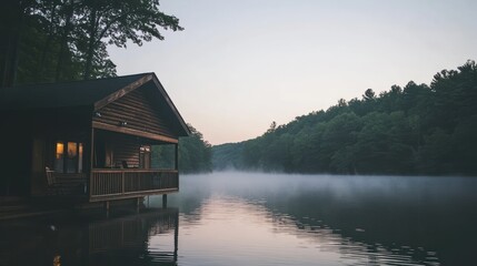 Fototapeta premium Idyllic Cabin Retreat on Misty Lake at Sunrise in Nature