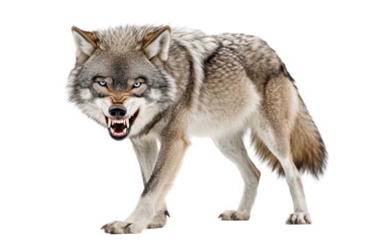 Aggressive wolf isolated on transparent background displaying teeth and intense expression. Detailed fur and vibrant eye color. Frontal perspective showing the animal's predatory nature