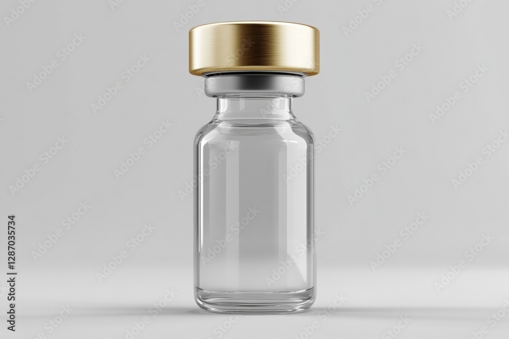 Poster Clear glass vial with golden cap on neutral background showcasing simple yet elegant design for laboratory or pharmaceutical use. Generative AI
