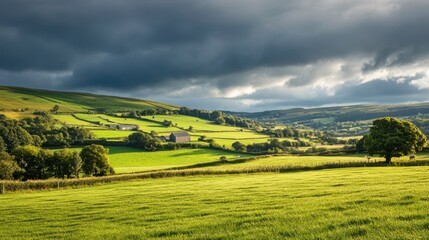 Fototapeta premium Tranquil Landscape of Lush Green Fields and Dramatic Skies