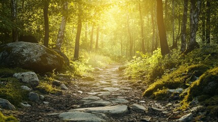 Obraz premium Sunlit Forest Trail: A Natural Path to Tranquility