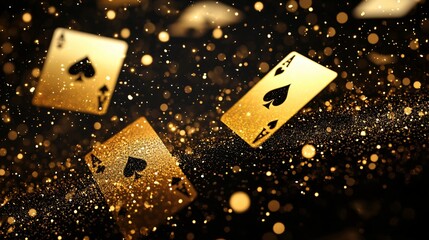 Golden playing cards with spade suit floating on black background with glitter and bokeh effect. Casino gambling concept. Luxury poker game design for Las Vegas advertising