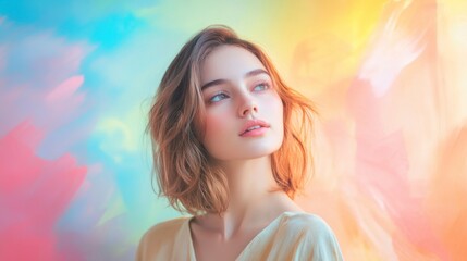 Fototapeta premium Serene Young Woman: Gazing Upwards on Pastel Dreamy Background, Hopeful
