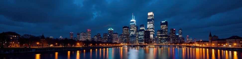 Night view of Frankfurt skyline, illuminated skyscrapers, Germany, metropolis