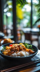 Culinary Delight: A captivating close-up of a beautifully presented Asian dish, artfully arranged in a dark bowl, showcasing the vibrant colors and textures of fresh ingredients.