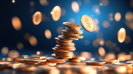 Obraz premium Gold Coins Falling and Stacking Financial Growth Concept on Blue Background