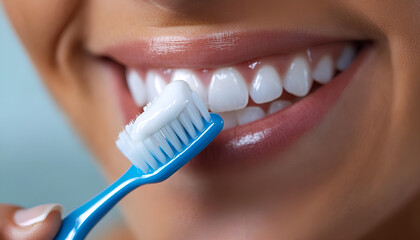 Woman, toothpaste and brush for teeth whitening with closeup in studio with healthy gums and hygiene results. Female person, dental product and cleaning mouth for fresh breath by white background