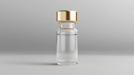 Clear glass bottle with gold cap containing liquid against a neutral background. Generative AI