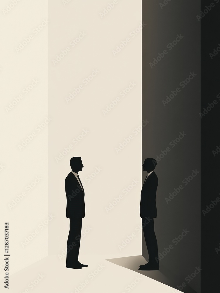 Poster Two silhouetted figures standing in a minimalist space with contrasting light and shadow. Generative AI