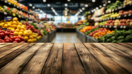 Wooden table with fresh vegetables and fruits displayed on shelves in a grocery store, symbolizing healthy eating, organic food, and market shopping.